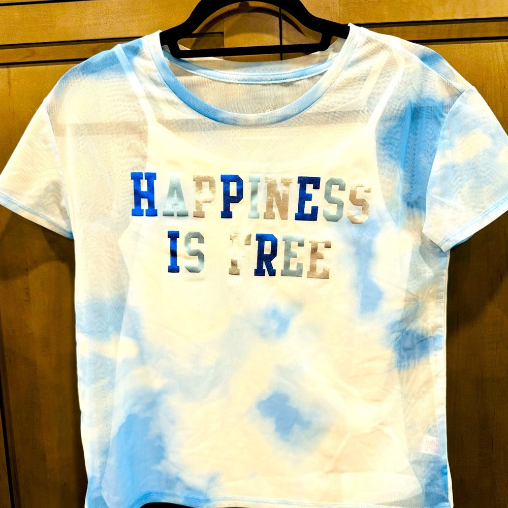 Justice: mesh layered t-shirt, white with pastel blue tie-dye effect, 14/16